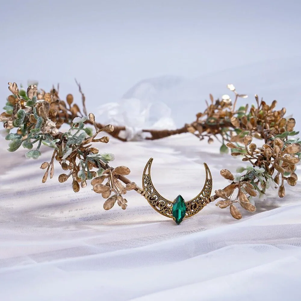 Gold Flower Moon Headpiece Floral Crown Elf Headband Bridal Festival Accessories